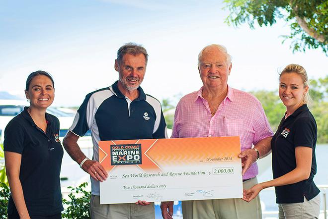 Gold Coast International Marine Expo donates to Sea World Research and Rescue Foundation- Shannon Brice (Expo Coordinator), Trevor Long (Sea World), Patrick Gay AM (Expo chairman) and Emma Milne (Expo Event and Marketing Manager) © Emma Milne